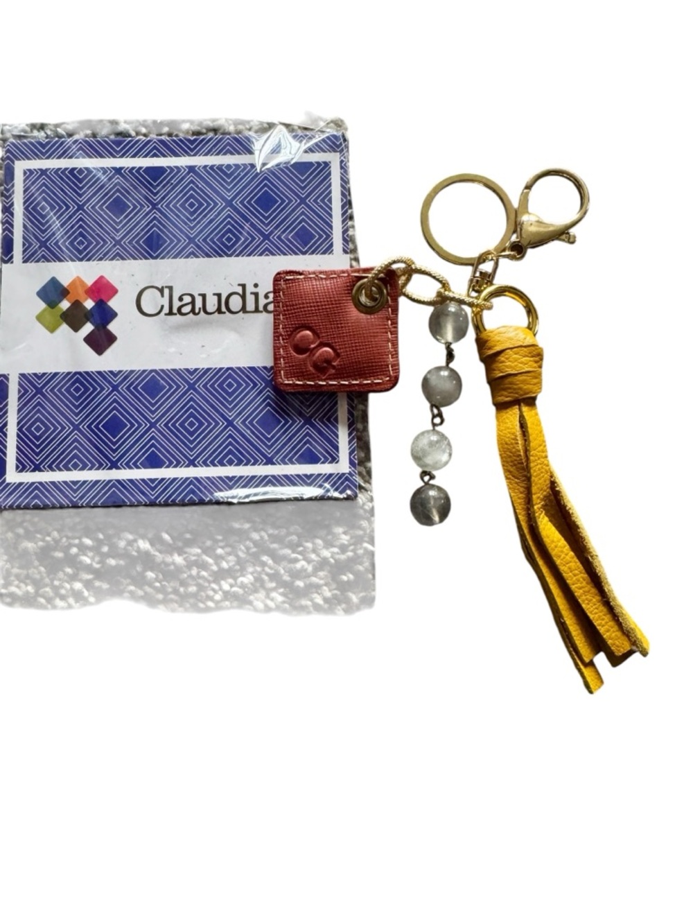 Claudia G Mustard Yellow Leather Tassel Key & Card Charm NWT